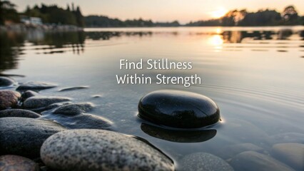 Smooth stone resting in water during sunset reflection