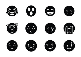 Emoji icon set. Including happy emotion, sad, smiling, surprised, angry, relaxed, confused, laughing, excited and shocked emoticon icons. Silhouette vector illustration
