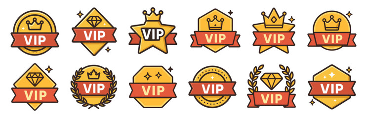 VIP badges collection premium golden labels with decorative crowns. Features shiny geometric shapes, diamonds, laurels, stars