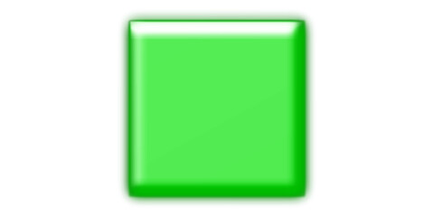 A vibrant green three-dimensional square button with glossy finish and rounded edges on a white background.