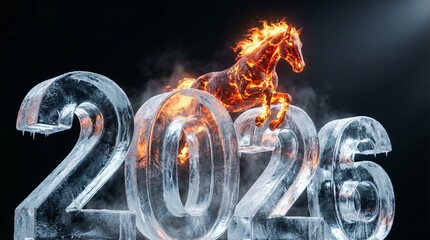 Fiery Horse Jumping Over Ice Sculpture Numbers 2026 on Dark Background