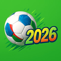 Obraz premium Colorful Soccer Ball Illustration with 2026 Text on Green Background