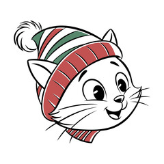 Cute cartoon cat wearing a striped winter hat and scarf