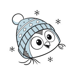 Cute cartoon penguin wearing a winter hat with snowflakes