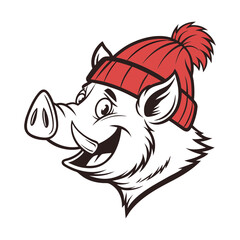 Cartoon illustration of a happy wild boar wearing a red knitted winter hat