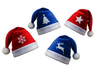 Four festive blue and red star pattern hats with white pom-poms