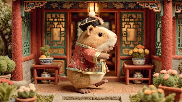 Adorable Hamster in Traditional Chinese Attire Dancing in a Courtyard.