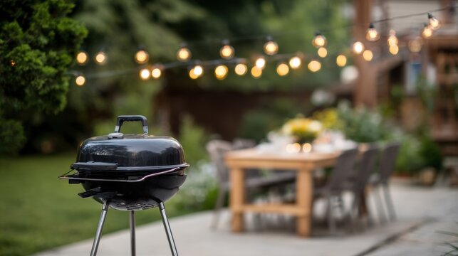 Charcoal grill standing on cozy outdoor patio with string lights and garden background. Evening backyard barbecue setup