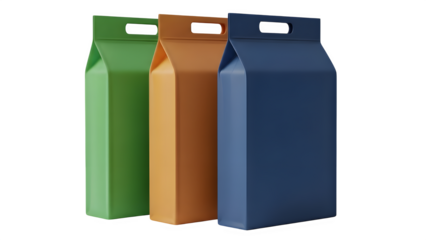 Three gable top milk cartons in green orange and blue tones isolated on transparent background
