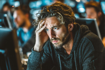 Frustrated Man Sitting in Front of Computer in Office at Night, Concept of Work Stress, Burnout, and Fatigue in Technology or Startup Environment