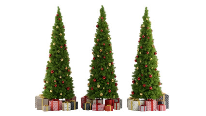 Three decorated conical christmas trees with gifts at the base festive holiday decor isolated on transparent background