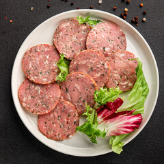 Sausage with garlic and spices slices of salami meat tasty snack fresh gourmet food background on the table rustic food top view copy space