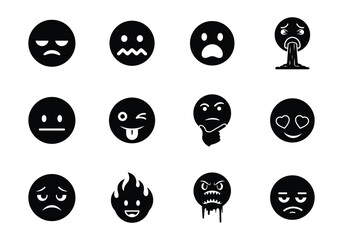 Emoji icon set. Including happy emotion, sad, smiling, surprised, angry, relaxed, confused, laughing, excited and shocked emoticon icons. Silhouette vector illustration