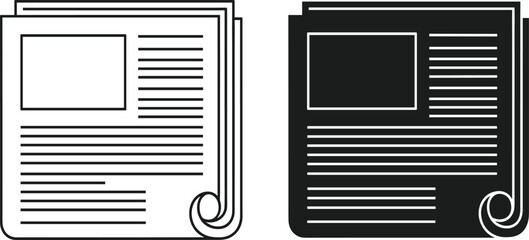 Newspaper and news article icons in outline and solid style representing journalism, media publications, press information and reporting