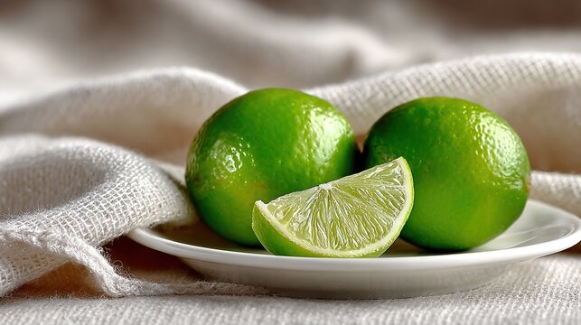  A white plate sits atop a white tablecloth, featuring two limes positioned on top Nearby, a bowl of limes adds to the scene's refres
