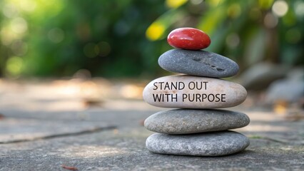 Stacked stones with motivational message of purpose