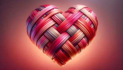 A woven heart made of colorful ribbons is centered against a soft gradient background with shades of pink red and orange creating a warm textured and artistic visual effect