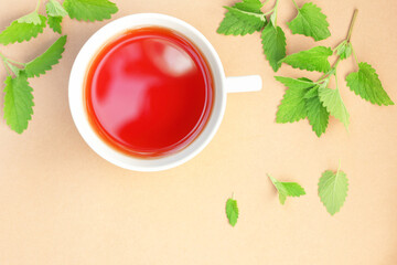 Lemon balm tea with fresh leaves  nearby, copy space, herbal drink for sleep and stress, flat lay, from above overhead top view, mockup for your design