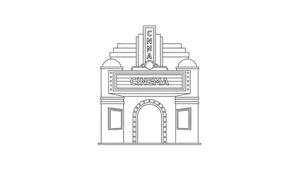 Cinema's Architectural Charm: A detailed illustration of a cinema's facade, showcasing intricate architectural details and evokes a sense of nostalgia.