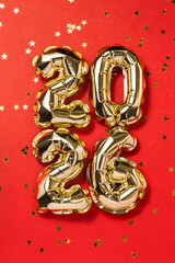 New year 2026 balloon celebration card. Gold foil helium balloon number 2026, party decoration,...