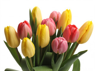 Vibrant bouquet of fresh yellow, pink, and red tulips against a clean white background.