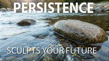 Stone partially submerged in flowing river with text