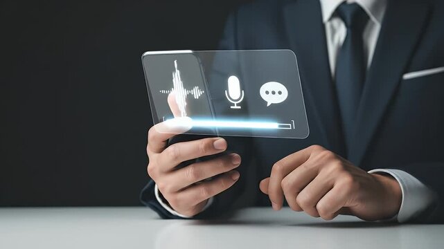 Man In Blue Suit Interacting with Holographic Microphone Speech Bubble Interface on Transparent Device Against Dark Background
