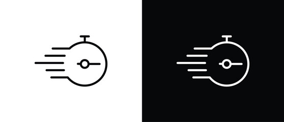 Timer icon line. Stopwatch icon with moving lines indicating speed and agility, fast time icon, countdown timer vector illustration isolated on transparent and black background. Editable stroke.
