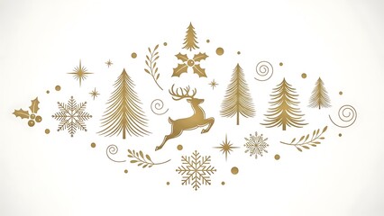 Golden christmas elements with reindeer, trees, snowflakes, holly