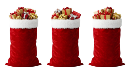 Festive christmas stockings filled with gifts and treats isolated on transparent background