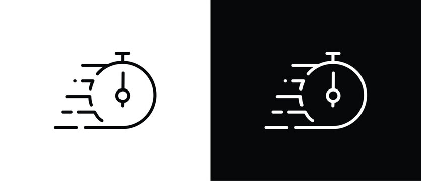 Timer icon line. Stopwatch icon with moving lines indicating speed and agility, fast time icon, countdown timer vector illustration isolated on transparent and black background. Editable stroke.
