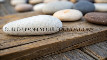 Stone With Engraved Text on Wooden Foundation