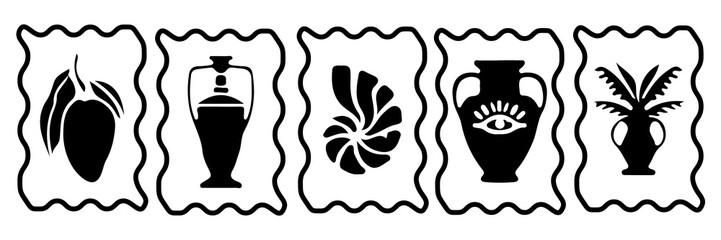 Wavy wedding frame set, vector hand drawn geometric border, simple trendy doodle ornamental stamp. Square arch oval shape empty banner, modern summer minimal decor design. Wavy frame print collection