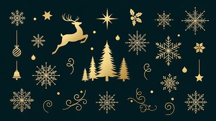 Golden christmas and winter holiday festive design elements collection