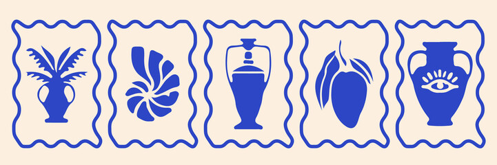 Greece summer sticker set, Mediterranean Greek sculpture print, Santorini tourism silhouette logo. Hand drawn doodle travel vintage stamp, olive branch mythology symbol.