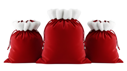 Three festive red santa sacks with white fur trim isolated on transparent background
