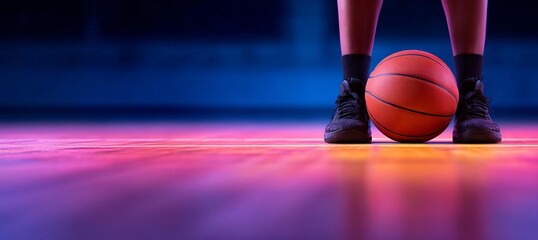 A dynamic basketball player stands on a vibrant neon-lit sport court, ready for intense action and competition, showcasing energy and determination under colorful lights.