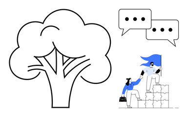 Leadership, teamwork, communication, collaboration, environment, sustainability. Tree outline, speech bubbles and person assisting another to climb. Leadership and teamwork concept