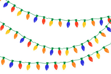 Twinkling fairy lights glow in soft amber. Golden garland loops around festive corner. Warm bulbs dangle on celebration wire. Holiday sparkle brightens the dark scene.