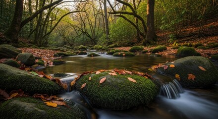 Slow exposure captures water flowing over moss covered stones in a dense woodland setting