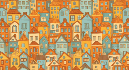 Naklejka premium Seamless pattern with a dense collection of cute cartoon houses in a charming old European town creating a cozy cityscape.