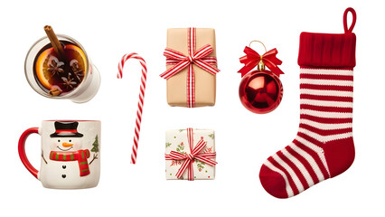 Festive christmas collection featuring mug hot chocolate candy cane gift box and stocking isolated on transparent background