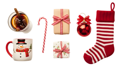 Festive christmas collection featuring mug hot chocolate candy cane gift box and stocking isolated on transparent background