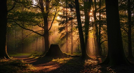 Sunlight streams through tall tree trunks illuminating a misty forest path at dawn