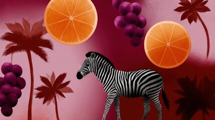 Naklejka premium A stunning painting of a majestic zebra standing before an array of succulent fruits, set against the backdrop of swaying palm trees and vibrant oranges