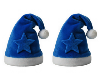 Four colorful red and blue santa hats with white pom poms and trim, festive.