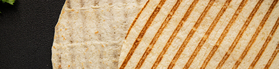 Lavash grill flatbreads ready to eat tasty snack fresh gourmet food background on table rustic food top view copy space