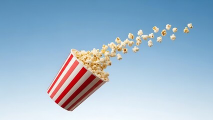 A red and white striped popcorn bucket with popcorn spilling out against a blue background