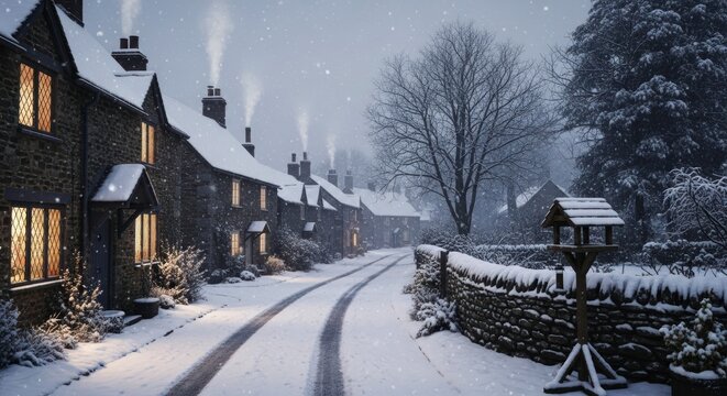 Cozy row of stone cottages lines a snow-covered country lane during a winter evening. - Powered by Adobe