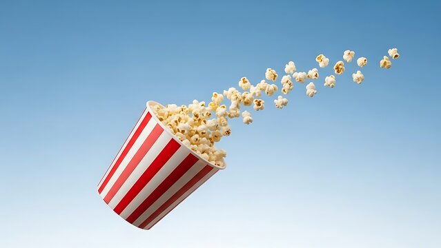 A red and white striped popcorn bucket with popcorn spilling out against a blue background - Powered by Adobe